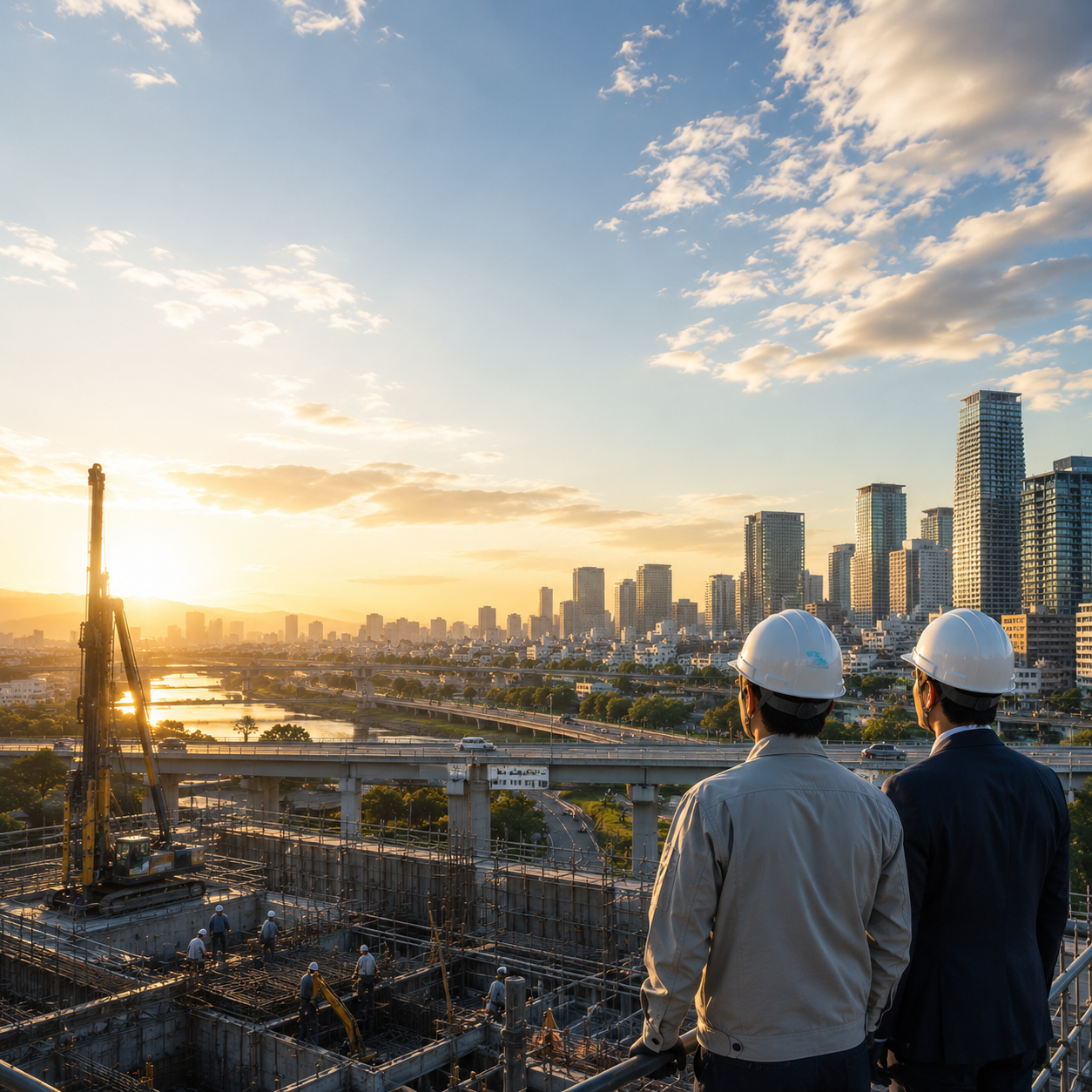 Construction site and city skyline at sunset
